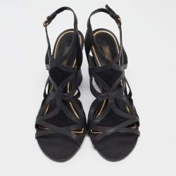 Pre Owned Louis Vuitton Black Suede and Leather Wedge Sandals Size 39.5