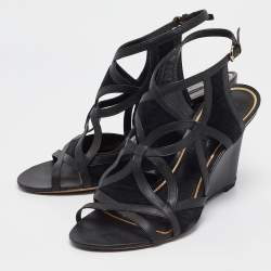 Pre Owned Louis Vuitton Black Suede and Leather Wedge Sandals Size 39.5