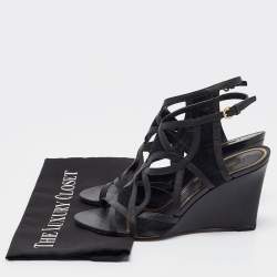 Pre Owned Louis Vuitton Black Suede and Leather Wedge Sandals Size 39.5