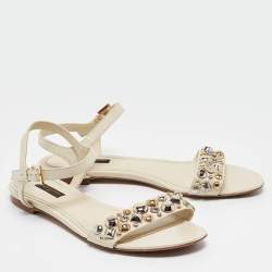 Louis Vuitton Cream Leather Embellished Slingback Flat Sandals Size 39.5