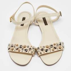 Louis Vuitton Cream Leather Embellished Slingback Flat Sandals Size 39.5