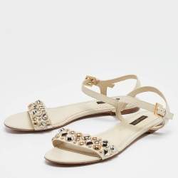 Louis Vuitton Cream Leather Embellished Slingback Flat Sandals Size 39.5