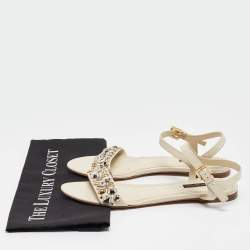 Louis Vuitton Cream Leather Embellished Slingback Flat Sandals Size 39.5