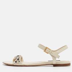 Louis Vuitton Cream Leather Embellished Slingback Flat Sandals Size 39.5