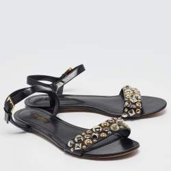 Pre Owned Louis Vuitton Black Leather Embellished Slingback Flat Sandals Size 40