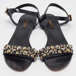 Pre Owned Louis Vuitton Black Leather Embellished Slingback Flat Sandals Size 40