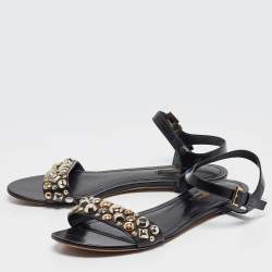 Pre Owned Louis Vuitton Black Leather Embellished Slingback Flat Sandals Size 40
