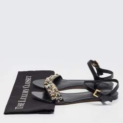 Pre Owned Louis Vuitton Black Leather Embellished Slingback Flat Sandals Size 40