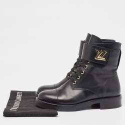 Pre Owned Louis Vuitton Black Leather Wonderland Flat Ranger Boots Size 37.5