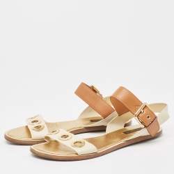 Pre Owned Louis Vuitton Cream/Brown Leather Flat Sandals Size 40