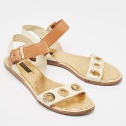 Pre Owned Louis Vuitton Cream/Brown Leather Flat Sandals Size 40