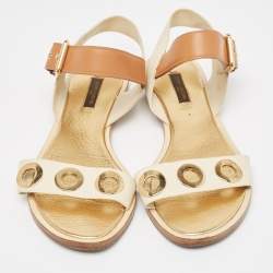 Pre Owned Louis Vuitton Cream/Brown Leather Flat Sandals Size 40