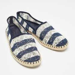 Pre Owned Louis Vuitton Navy Blue/White Lace Espadrille Flats Size 37.5