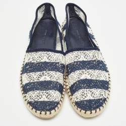 Pre Owned Louis Vuitton Navy Blue/White Lace Espadrille Flats Size 37.5