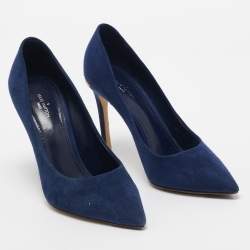 Pre Owned Louis Vuitton Navy Blue Suede Pointed Toe Pumps Size 36.5