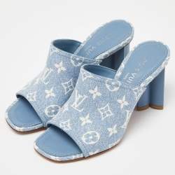 Louis Vuitton Blue Monogram Denim Leather Mules Size 37
