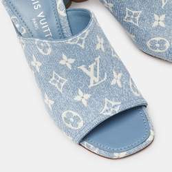 Louis Vuitton Blue Monogram Denim Leather Mules Size 37