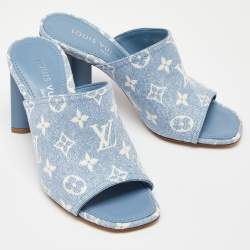 Louis Vuitton Blue Monogram Denim Leather Mules Size 37