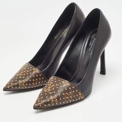 Louis Vuitton Black/Brown Leather and Studded Monogram Canvas Pointed Toe Pumps Size 36
