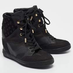 Louis Vuitton Black Leather And Suede Monogram Empreinte Wedge Sneakers Size 36