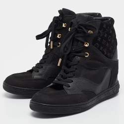 Louis Vuitton Black Leather And Suede Monogram Empreinte Wedge Sneakers Size 36