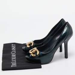 Louis Vuitton Green Monogram Patent Chain Detail Peep Toe Pumps Size 38