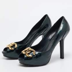 Louis Vuitton Green Monogram Patent Chain Detail Peep Toe Pumps Size 38