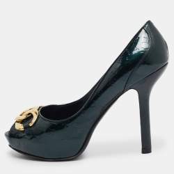 Louis Vuitton Green Monogram Patent Chain Detail Peep Toe Pumps Size 38