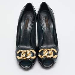 Louis Vuitton Green Monogram Patent Chain Detail Peep Toe Pumps Size 38