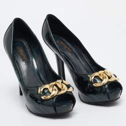 Louis Vuitton Green Monogram Patent Chain Detail Peep Toe Pumps Size 38