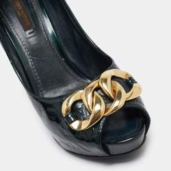 Louis Vuitton Green Monogram Patent Chain Detail Peep Toe Pumps Size 38