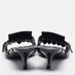 Pre Owned Louis Vuitton Black Patent Leather Studded Fringe Buckle Detail Slide Sandals Size 38.5