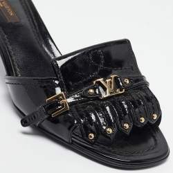 Pre Owned Louis Vuitton Black Patent Leather Studded Fringe Buckle Detail Slide Sandals Size 38.5