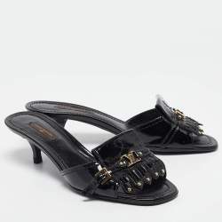 Pre Owned Louis Vuitton Black Patent Leather Studded Fringe Buckle Detail Slide Sandals Size 38.5