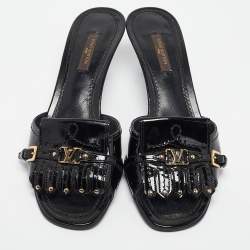 Pre Owned Louis Vuitton Black Patent Leather Studded Fringe Buckle Detail Slide Sandals Size 38.5