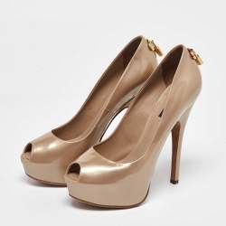 Louis Vuitton Beige Patent Leather Oh Really Peep Toe Platform Pumps Size 36.5