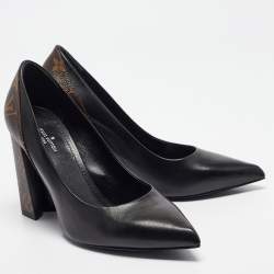 Pre Owned Louis Vuitton Black/Brown Monogram Canvas and Leather Pointed Toe Pumps 38.5