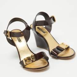 Pre Owned Louis Vuitton Burgundy Patent Leather Wedge Sandals Size 41