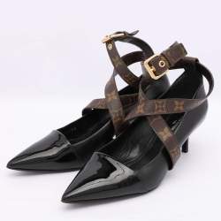 Pre Owned Louis Vuitton Black/Brown Leather and Monogram Canvas Cross Strap Pumps Size 37