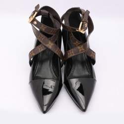 Pre Owned Louis Vuitton Black/Brown Leather and Monogram Canvas Cross Strap Pumps Size 37