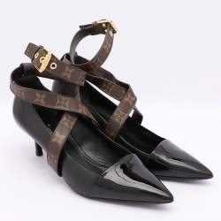 Pre Owned Louis Vuitton Black/Brown Leather and Monogram Canvas Cross Strap Pumps Size 37