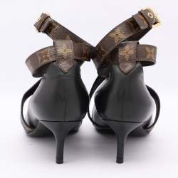 Pre Owned Louis Vuitton Black/Brown Leather and Monogram Canvas Cross Strap Pumps Size 37