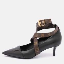 Pre Owned Louis Vuitton Black/Brown Leather and Monogram Canvas Cross Strap Pumps Size 37