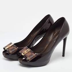 Louis Vuitton Burgundy Patent Leather Bow Peep Toe Pumps Size 37.5