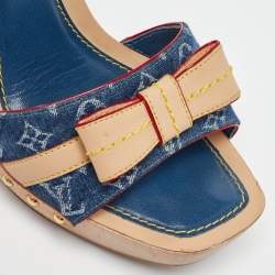 Pre Owned Louis Vuitton Beige/Blue Monogram Denim AND Leather Bow Ankle Strap Sandals Size 39.5