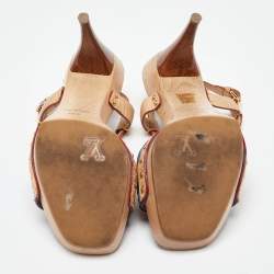 Pre Owned Louis Vuitton Beige/Blue Monogram Denim AND Leather Bow Ankle Strap Sandals Size 39.5