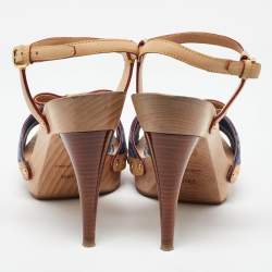 Pre Owned Louis Vuitton Beige/Blue Monogram Denim AND Leather Bow Ankle Strap Sandals Size 39.5