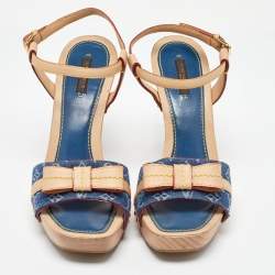 Pre Owned Louis Vuitton Beige/Blue Monogram Denim AND Leather Bow Ankle Strap Sandals Size 39.5