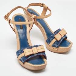 Pre Owned Louis Vuitton Beige/Blue Monogram Denim AND Leather Bow Ankle Strap Sandals Size 39.5