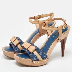 Pre Owned Louis Vuitton Beige/Blue Monogram Denim AND Leather Bow Ankle Strap Sandals Size 39.5